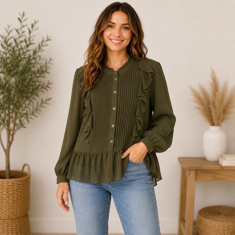 Who What Wear Womens L Olive Green Sheer Ruffle Blouse Pleated Peplum Boho LS